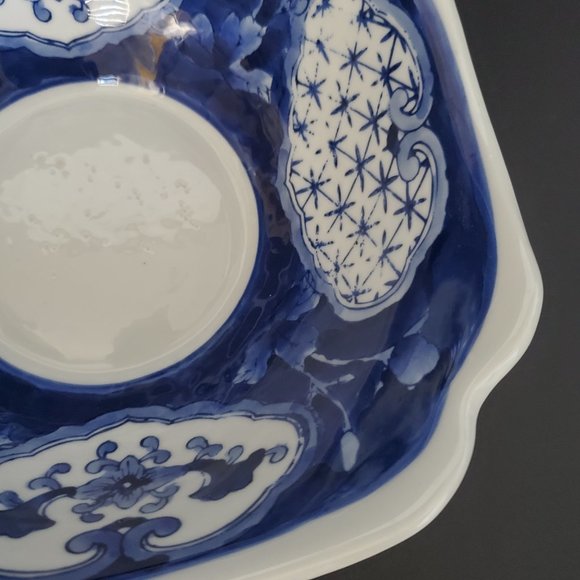Rare Vintage Chinese Blueware Asian Porcelain Square Bowl Brocade Floral 7.5"W - Picture 6 of 8